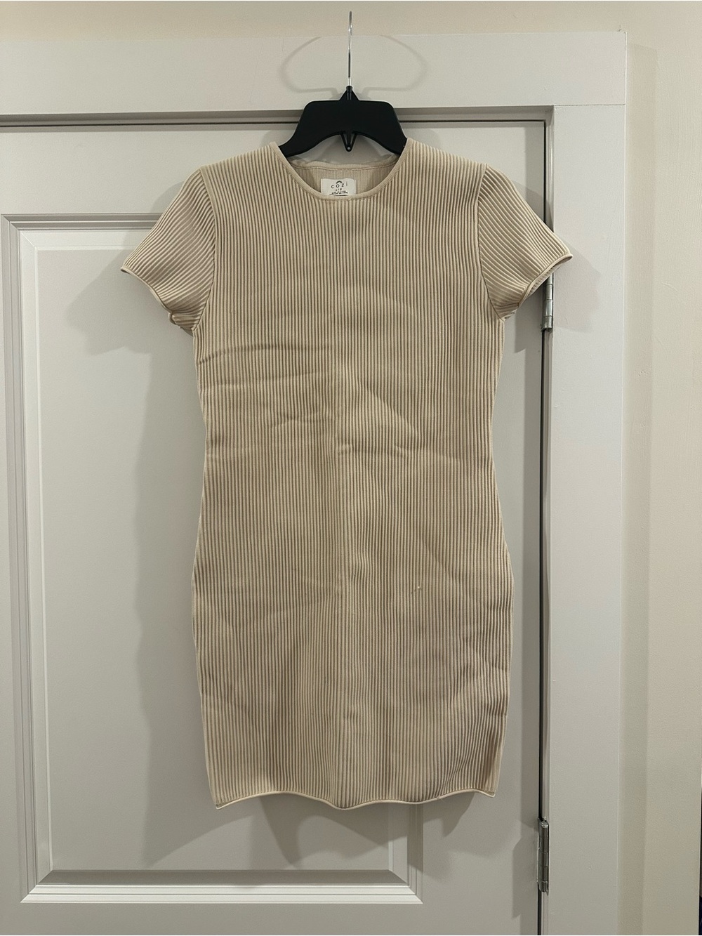 Short-Sleeve Ribbed Mini Dress in Cream